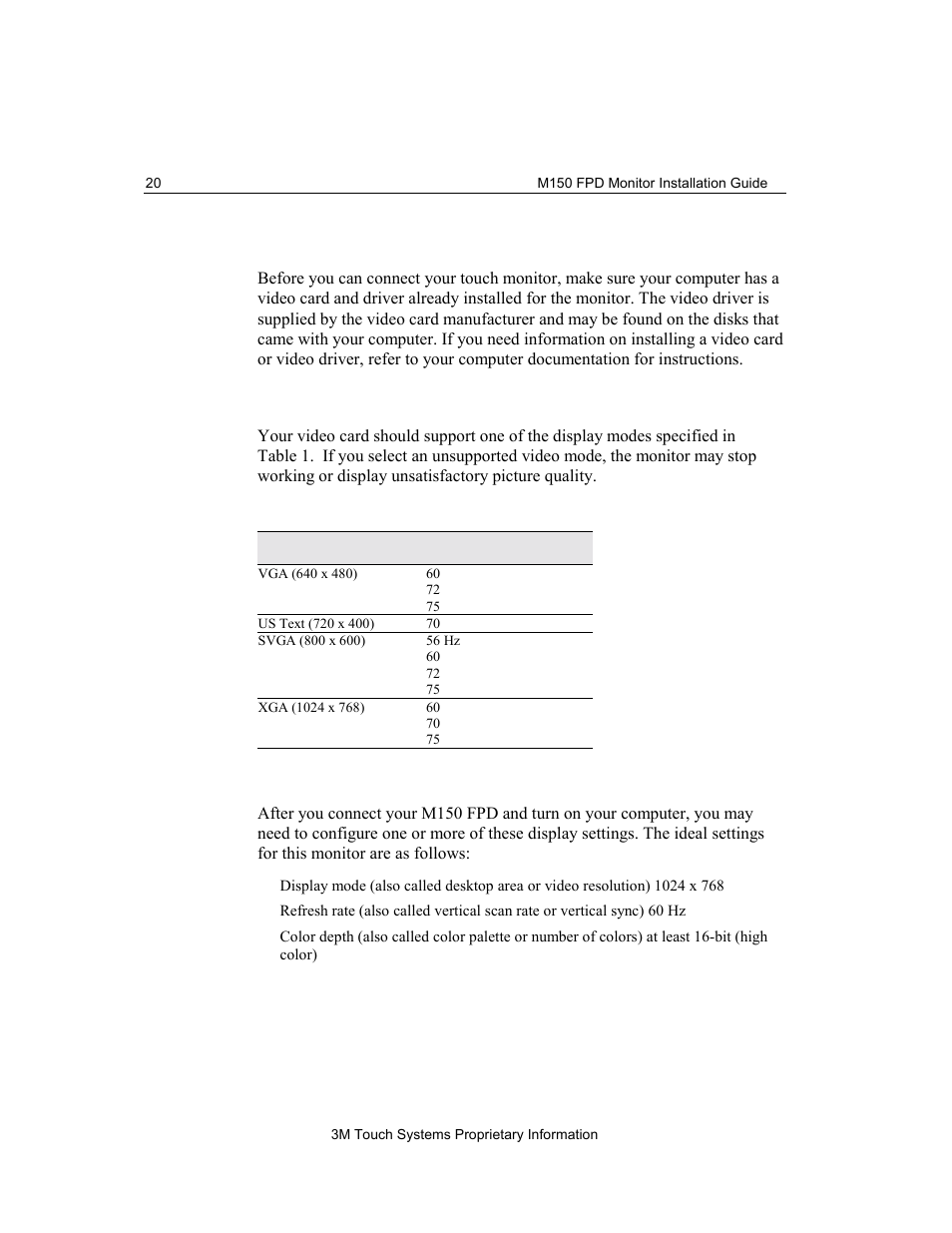 Installing the video card and video driver, Supported video display modes and refresh rates, Configuring the display settings | 3M M150 User Manual | Page 20 / 37