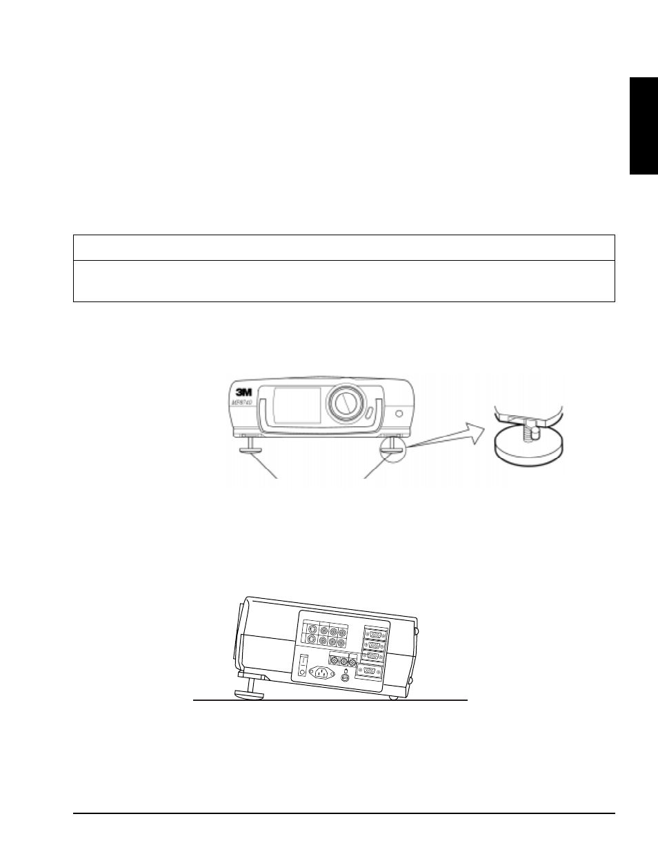 2 how to use height adjustment feet, English, Caution | Front view side view, Figure 4.3 height adjustment, Foot adjusters unlock ← → lock | 3M MP8740 User Manual | Page 12 / 34