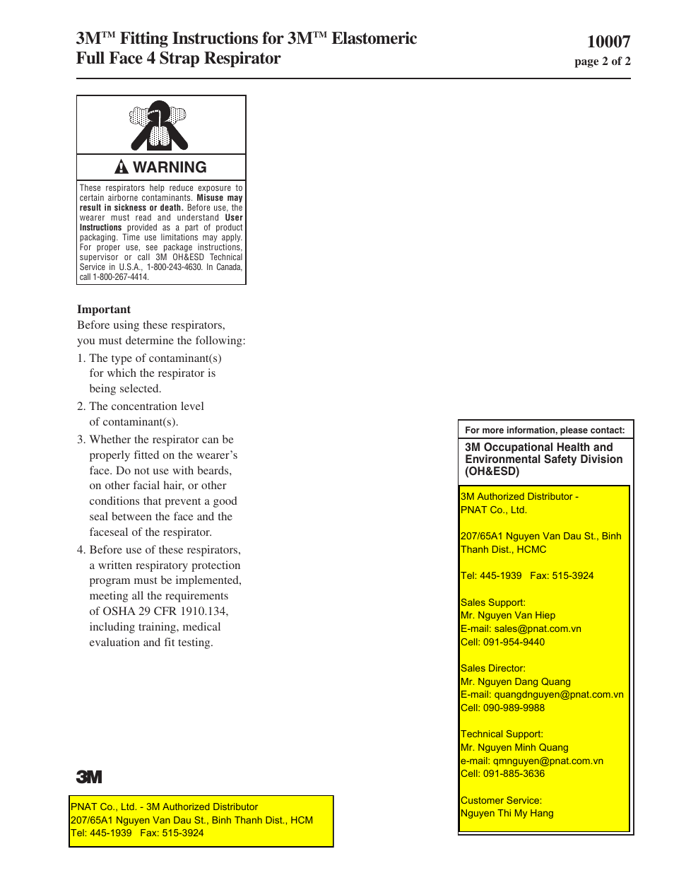Fitting instructions for 3m, Warning | 3M Strap Respirator User Manual | Page 2 / 2