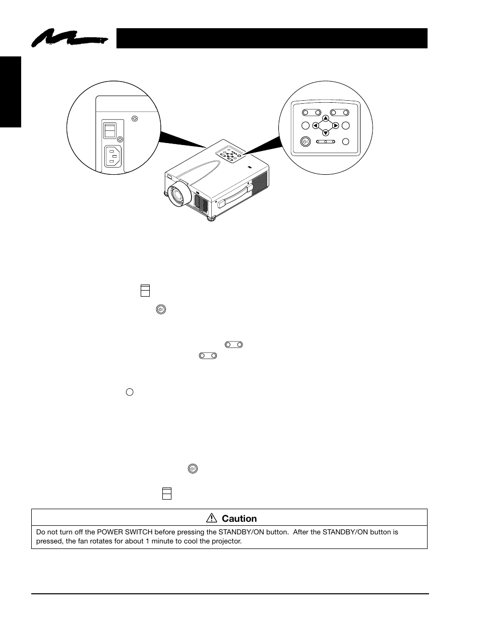 Section 3:basic operations, 1 projector startup, 2 projector shutdown | Section 3, Basic operations, Projector startup, Projector shutdown, English, Caution, Figure 3.1 projector controls | 3M MP8770 User Manual | Page 13 / 39