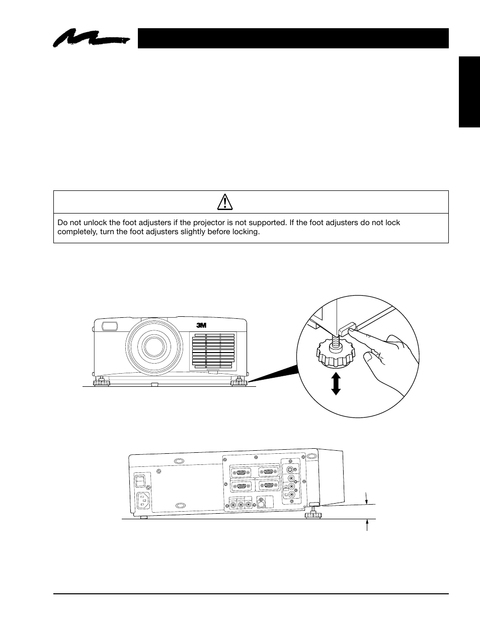 Section 4:adjustments and functions, 1 how to use height adjustment feet, Section 4 | Adjustments and functions, How to use height adjustment feet, English, Caution, Mp8770 | 3M MP8770 User Manual | Page 14 / 39