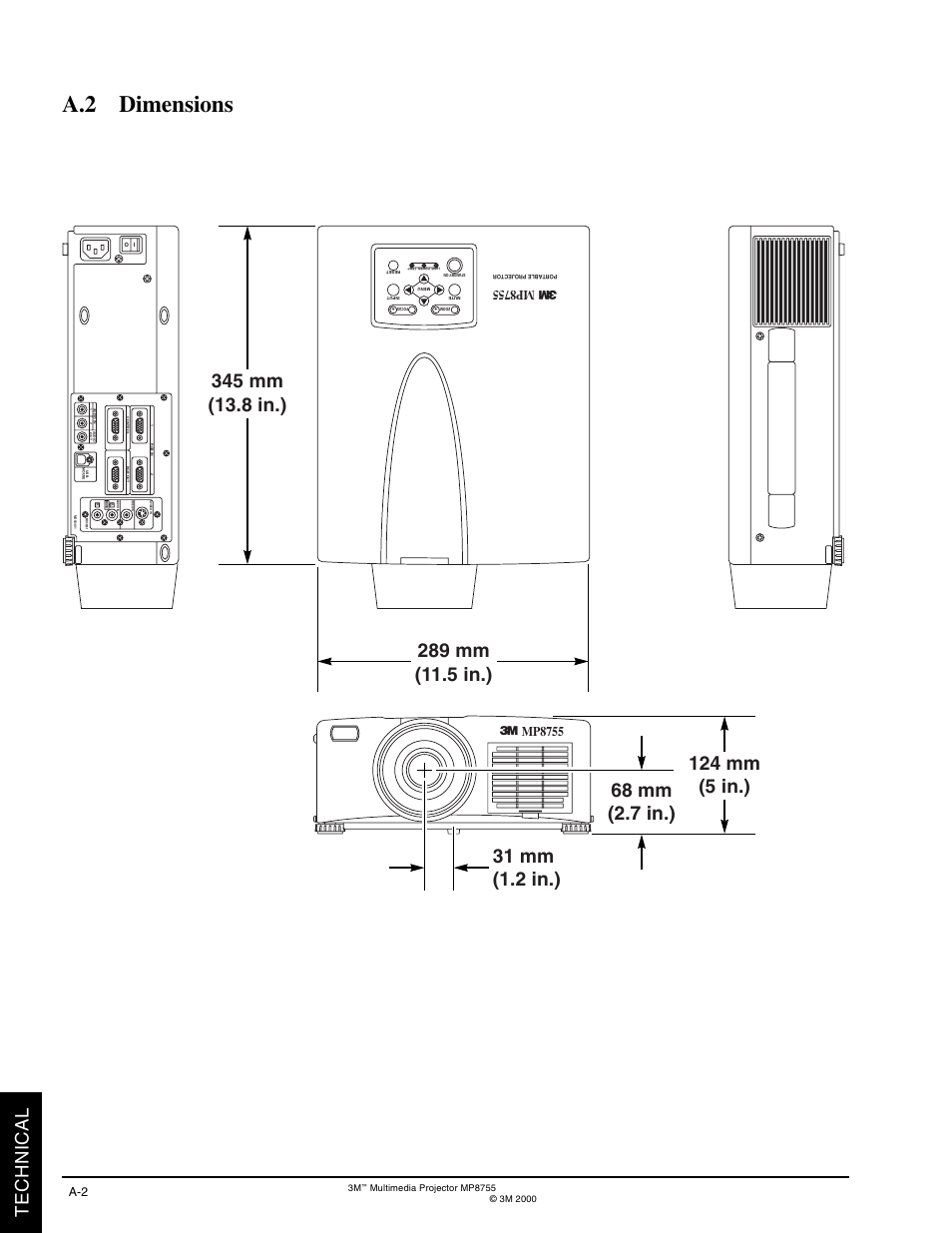 A.2 dimensions, Technical, Mp8755 | 3M MP8770 User Manual | Page 28 / 39