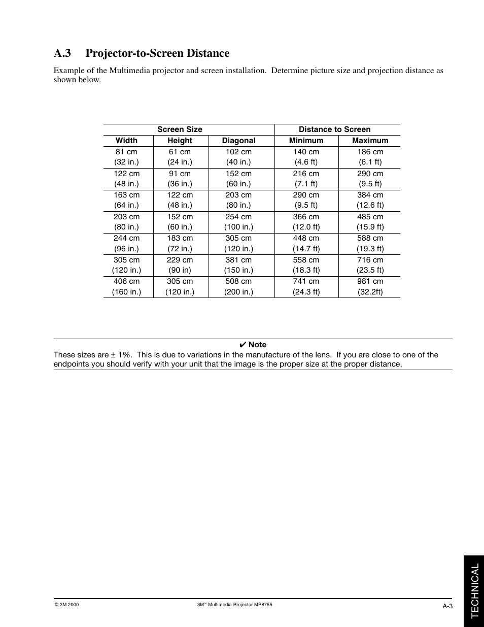 A.3 projector-to-screen distance | 3M MP8770 User Manual | Page 29 / 39