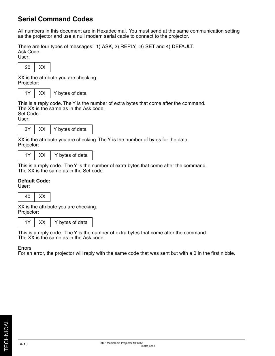 Serial command codes | 3M MP8770 User Manual | Page 36 / 39