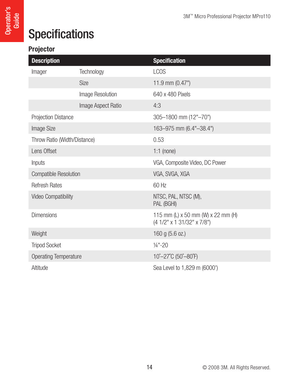 Specifications | 3M MPro110 User Manual | Page 14 / 20