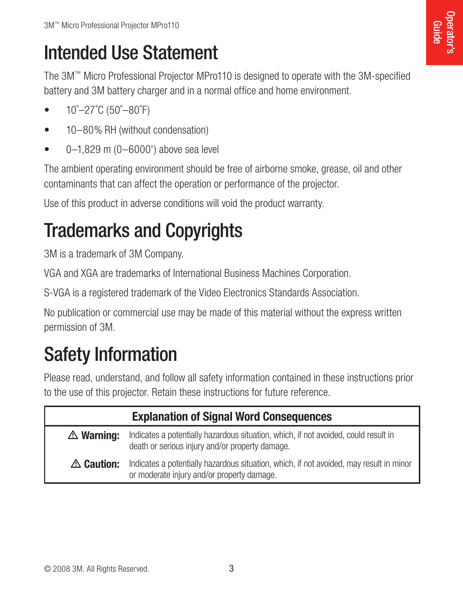 Intended use statement, Trademarks and copyrights, Safety information | 3M MPro110 User Manual | Page 3 / 20