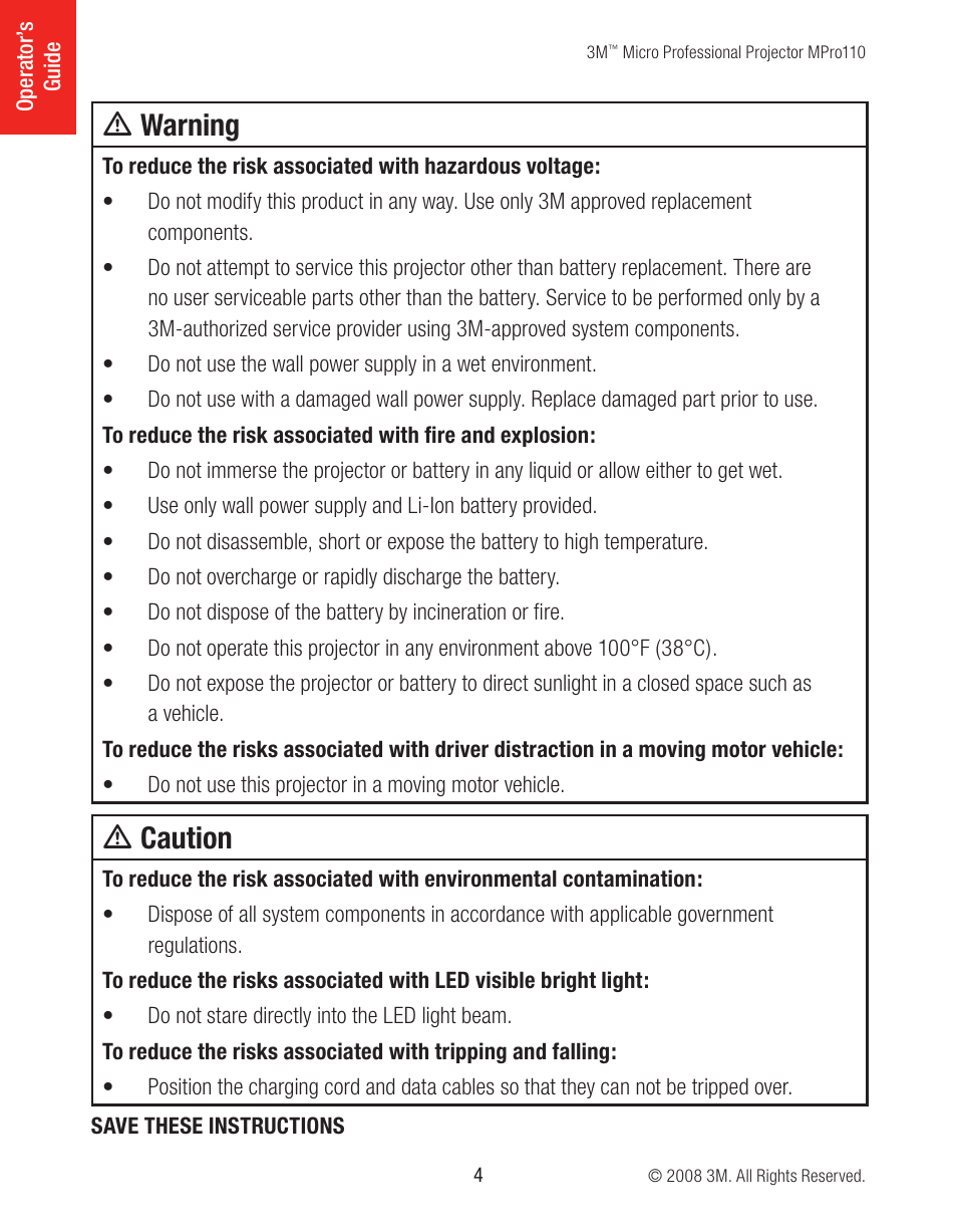 M warning, M caution | 3M MPro110 User Manual | Page 4 / 20