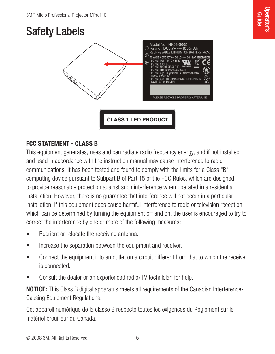 Safety labels | 3M MPro110 User Manual | Page 5 / 20