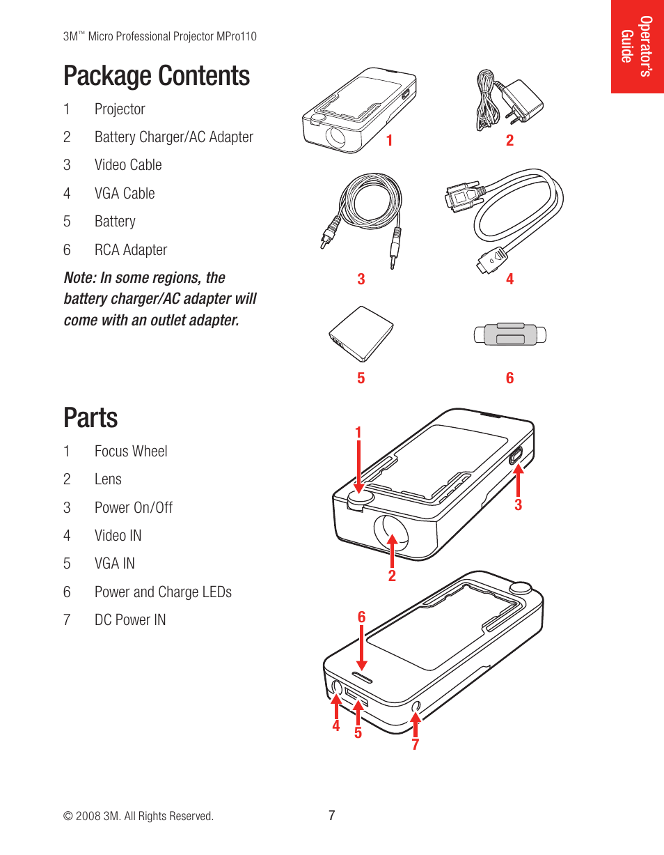 Package contents, Parts | 3M MPro110 User Manual | Page 7 / 20