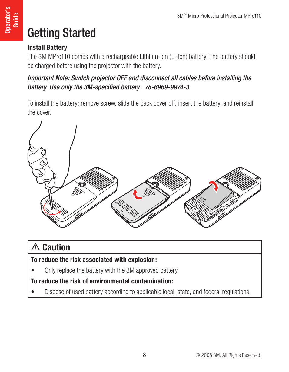 Getting started, M caution | 3M MPro110 User Manual | Page 8 / 20