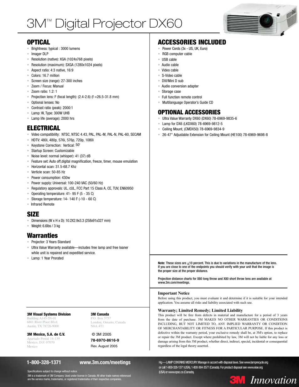 Digital projector dx60, 3innovation, Optical | Electrical, Size, Warranties, Accessories included, Optional accessories | 3M DX60 User Manual | Page 2 / 2