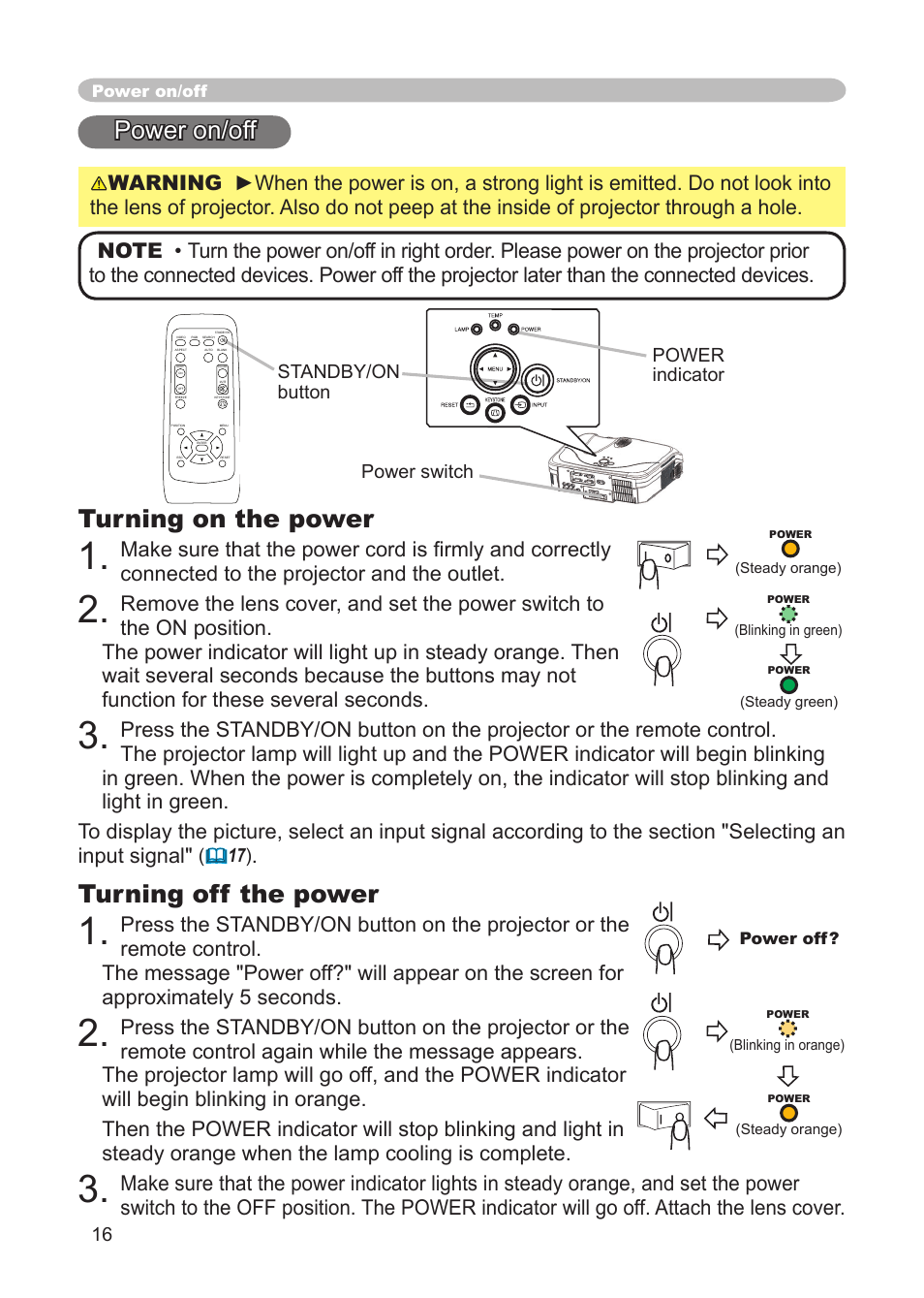 Power on/off, Turning on the power, Turning off the power | 3M X68 User Manual | Page 16 / 51