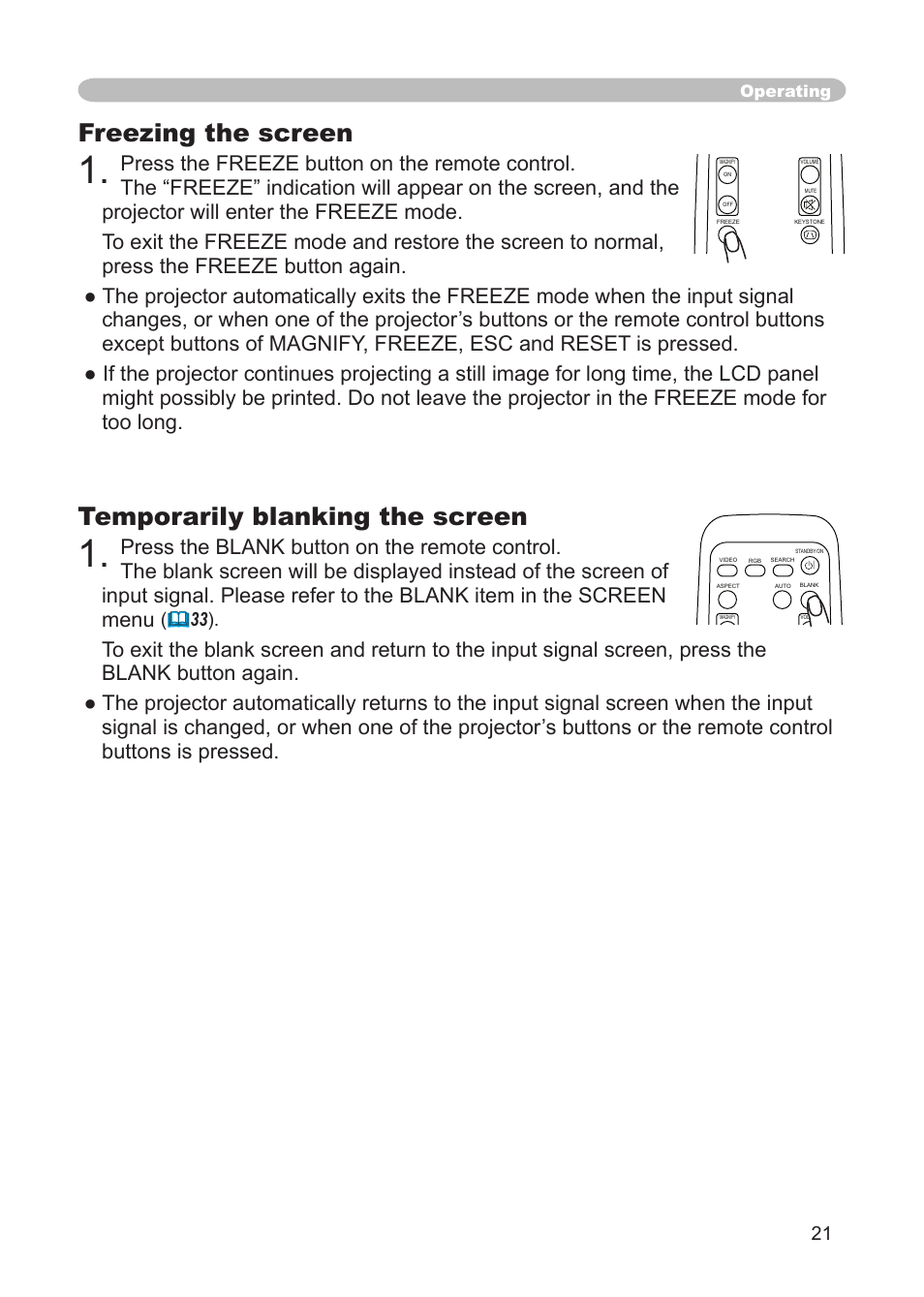 Freezing the screen, Temporarily blanking the screen, Operating | 3M X68 User Manual | Page 21 / 51