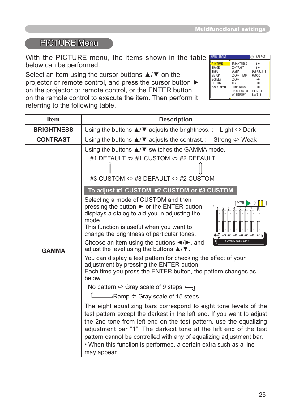 Picture menu | 3M X68 User Manual | Page 25 / 51