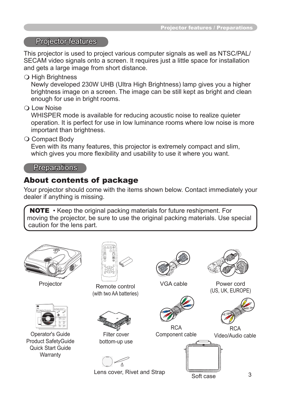Projector features, Preparations about contents of package, Rca component cable rca video/audio cable | Lens cover, rivet and strap soft case, Projector features / preparations | 3M X68 User Manual | Page 3 / 51