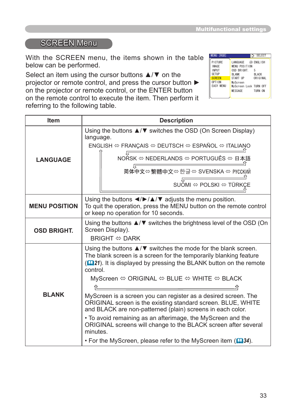 Screen menu | 3M X68 User Manual | Page 33 / 51