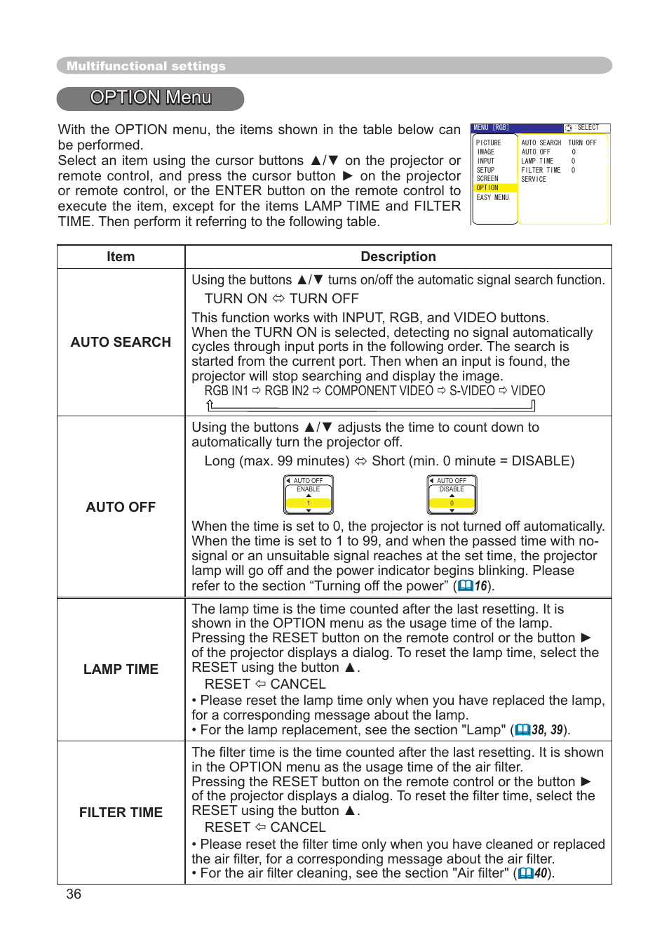 Option menu | 3M X68 User Manual | Page 36 / 51