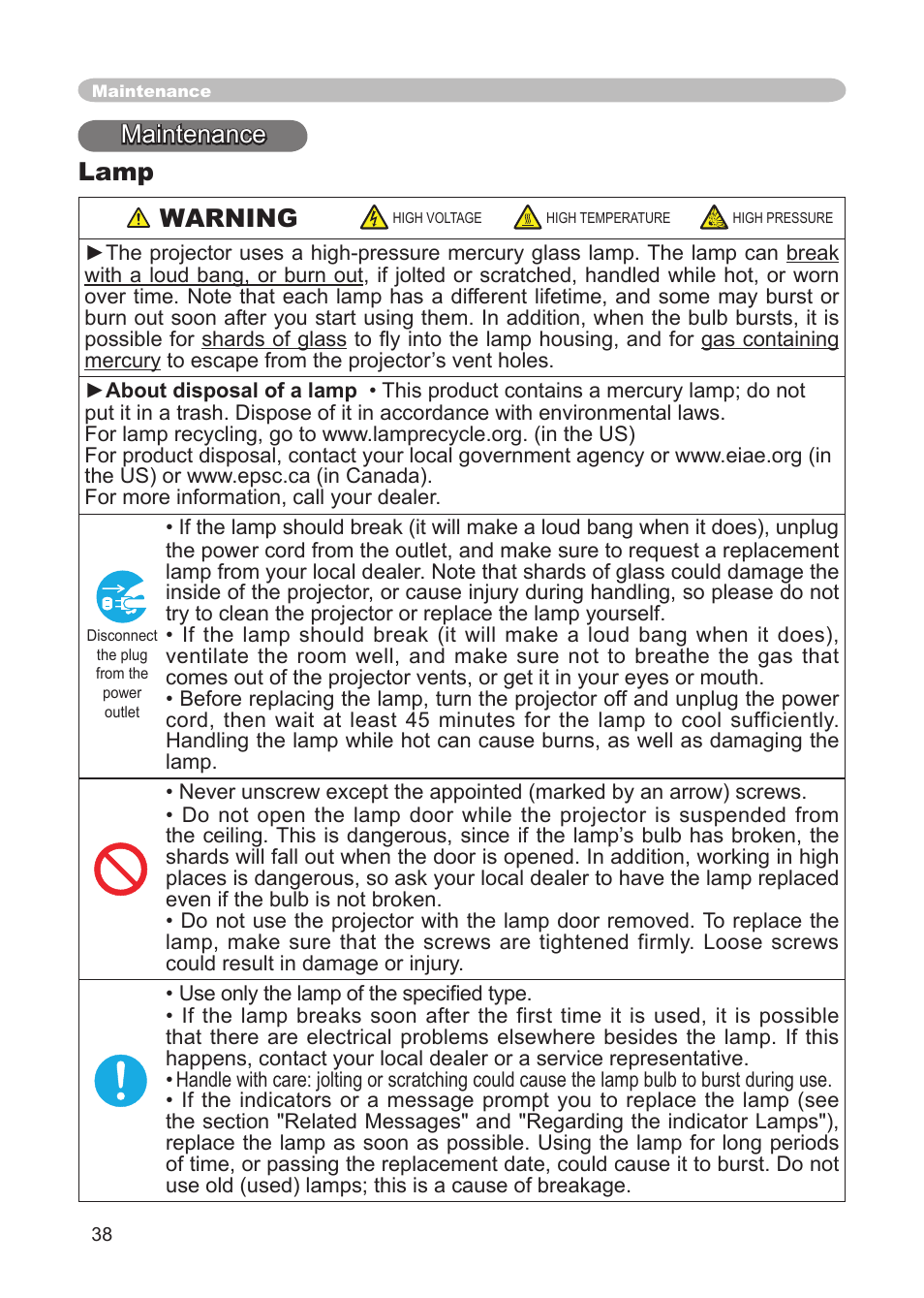Maintenance lamp warning | 3M X68 User Manual | Page 38 / 51