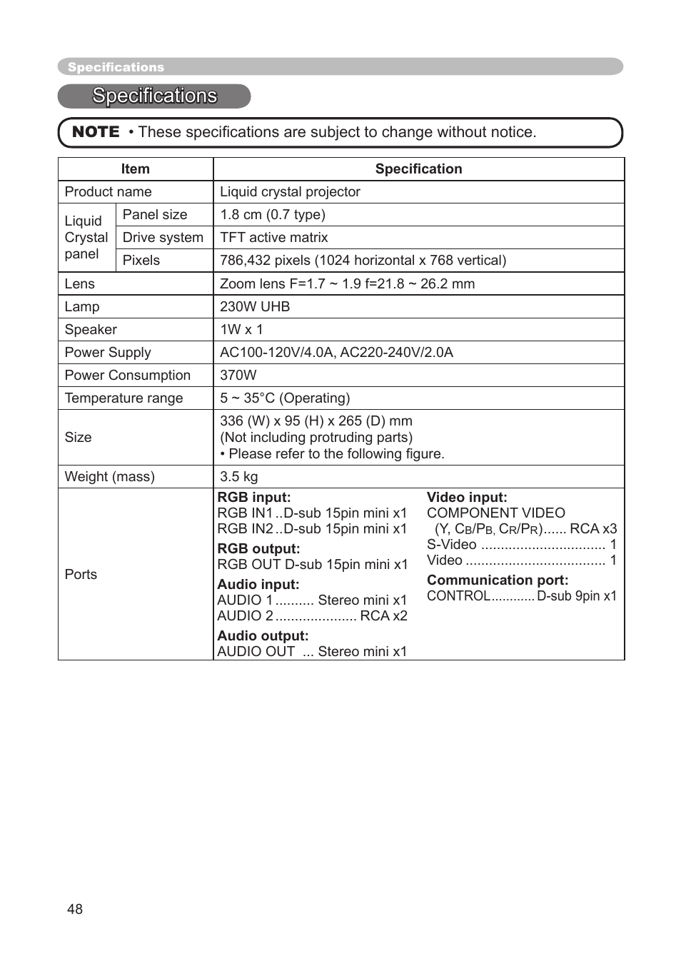 Speciﬁcations | 3M X68 User Manual | Page 48 / 51