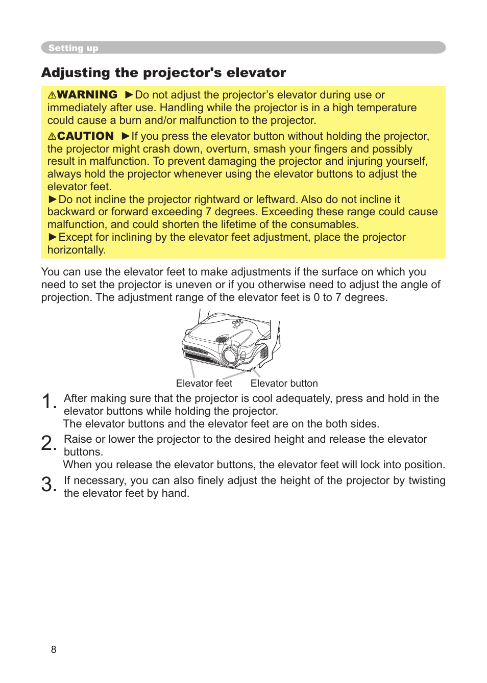 Adjusting the projector's elevator | 3M X68 User Manual | Page 8 / 51