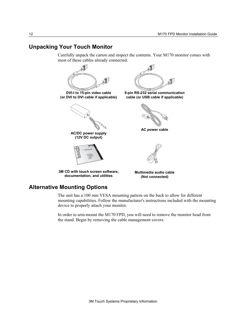 Unpacking your touch monitor, Arm mounting option, Alternative mounting options | 3M MicroTouch M170 User Manual | Page 12 / 33