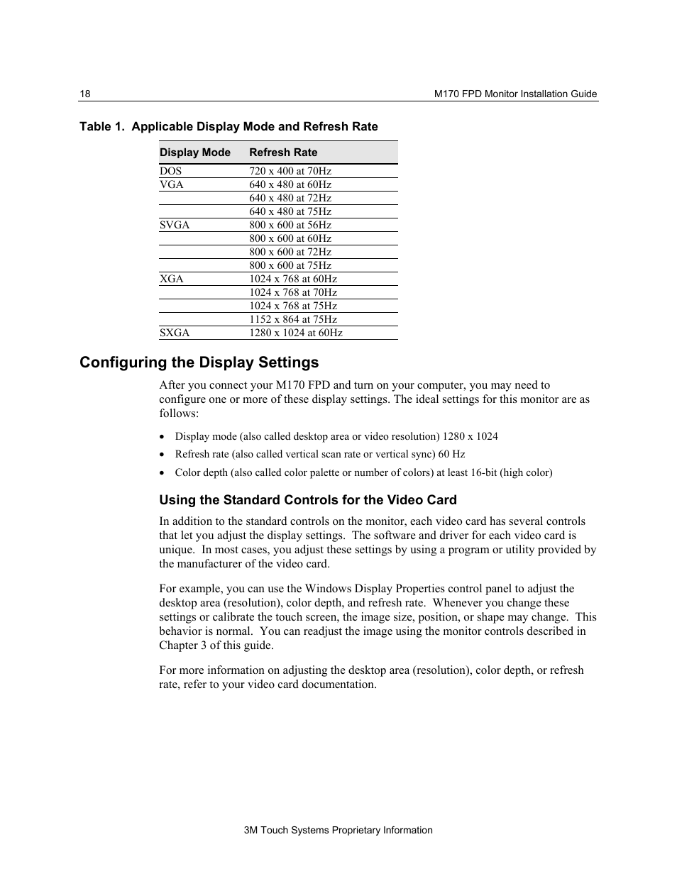 Configuring the display settings, Using the standard controls for the video card | 3M MicroTouch M170 User Manual | Page 18 / 33