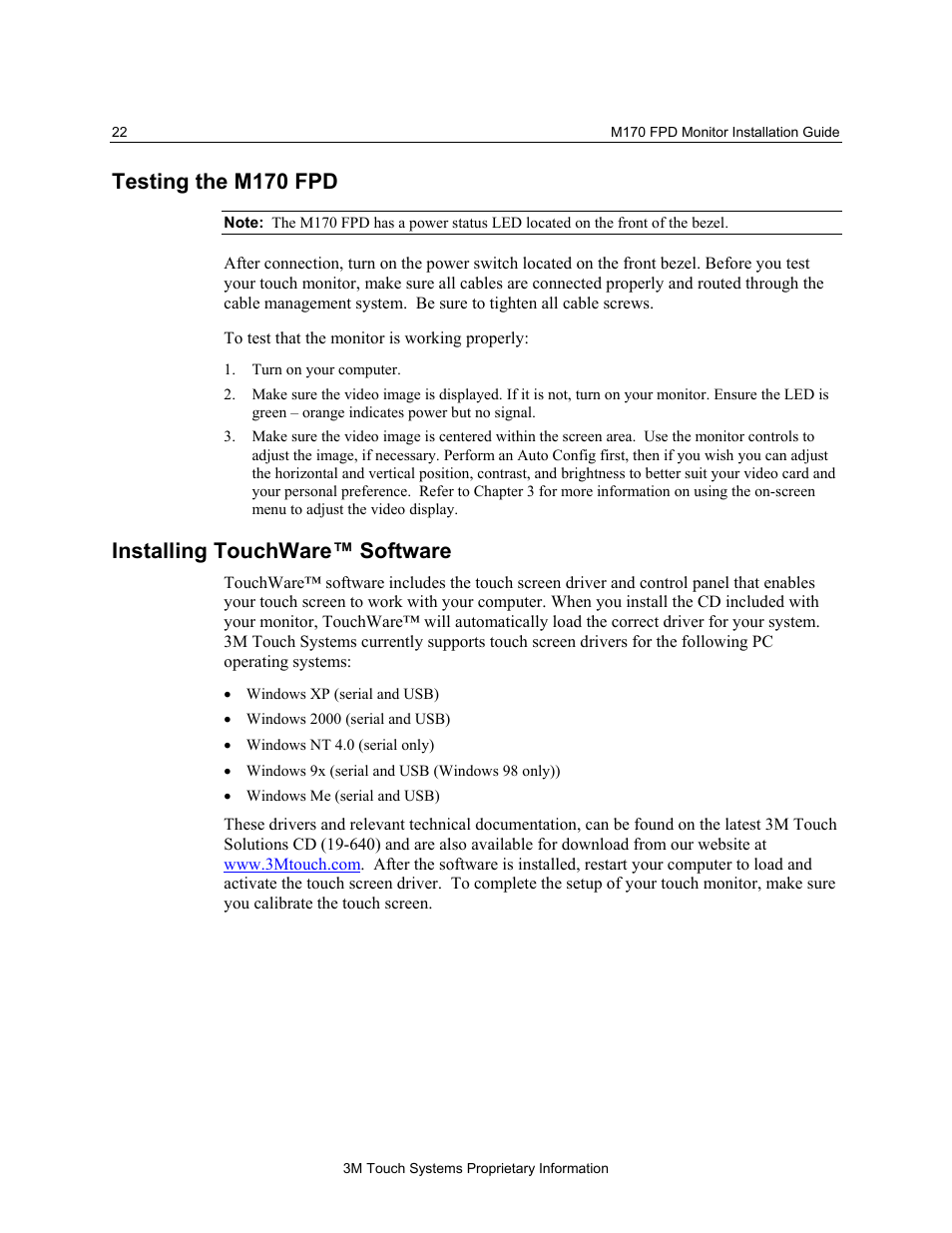 Testing the m170 fpd, Installing touchware™ software | 3M MicroTouch M170 User Manual | Page 22 / 33
