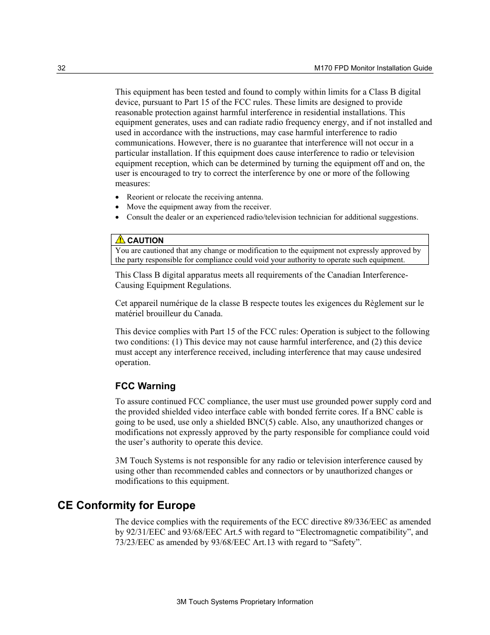 Fcc warning, Ce conformity for europe | 3M MicroTouch M170 User Manual | Page 32 / 33