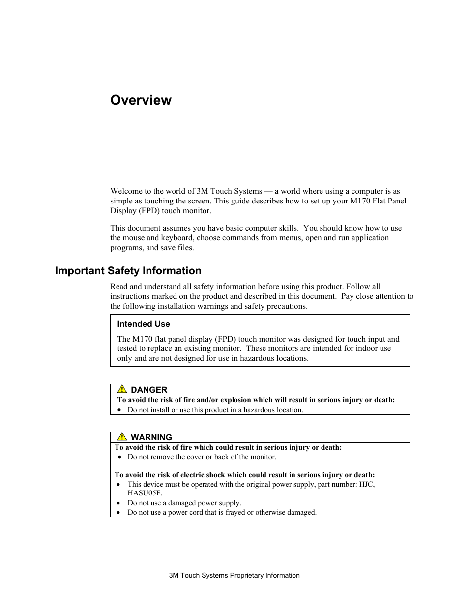 Important safety information, Intended use, Overview | 3M MicroTouch M170 User Manual | Page 5 / 33