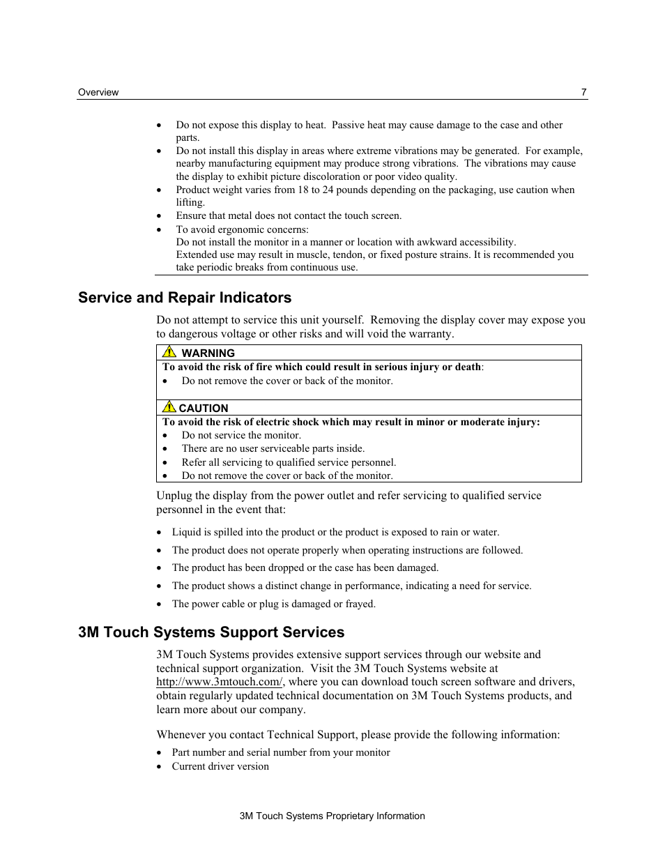 Service and repair indicators, 3m touch systems support services | 3M MicroTouch M170 User Manual | Page 7 / 33