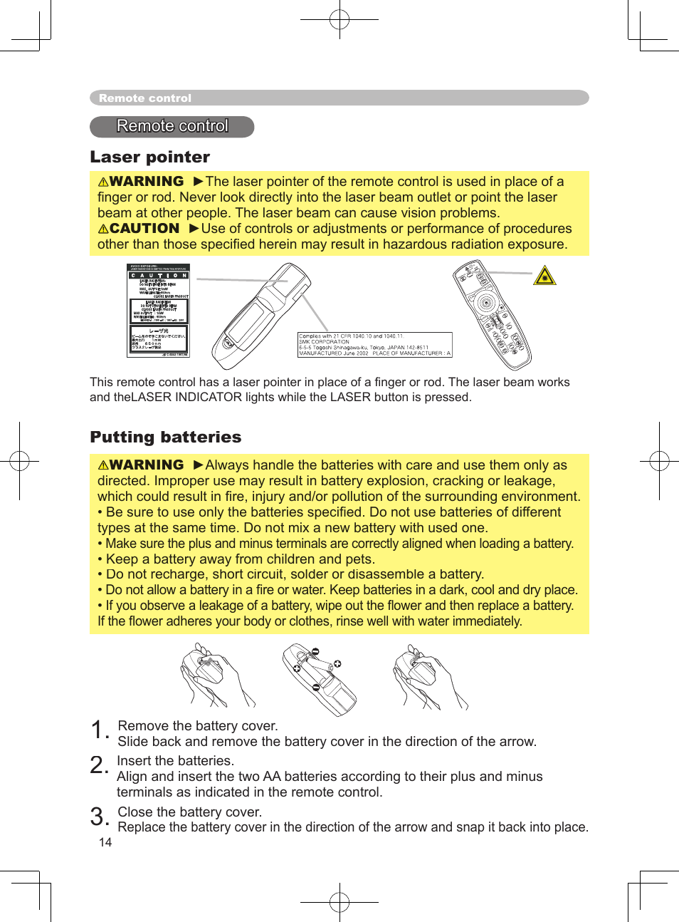 Putting batteries, Laser pointer, Remote control | 3M X75 User Manual | Page 14 / 57