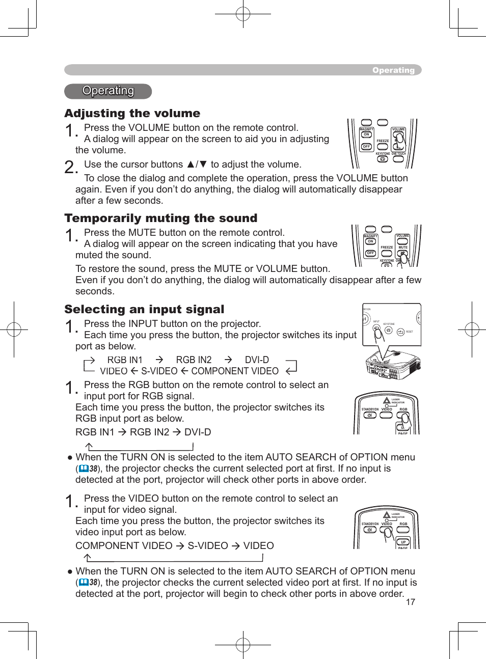 Operating adjusting the volume, Temporarily muting the sound, Selecting an input signal | Rgb in1 video rgb in1 rgb in1, Operating | 3M X75 User Manual | Page 17 / 57