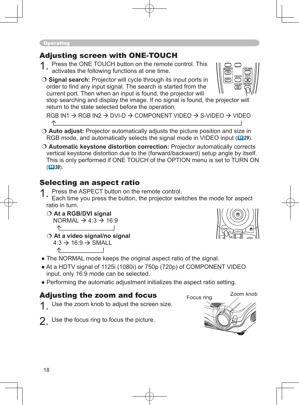 Adjusting the zoom and focus, Adjusting screen with one-touch, Selecting an aspect ratio | Use the zoom knob to adjust the screen size, Use the focus ring to focus the picture, Zoom knob focus ring | 3M X75 User Manual | Page 18 / 57