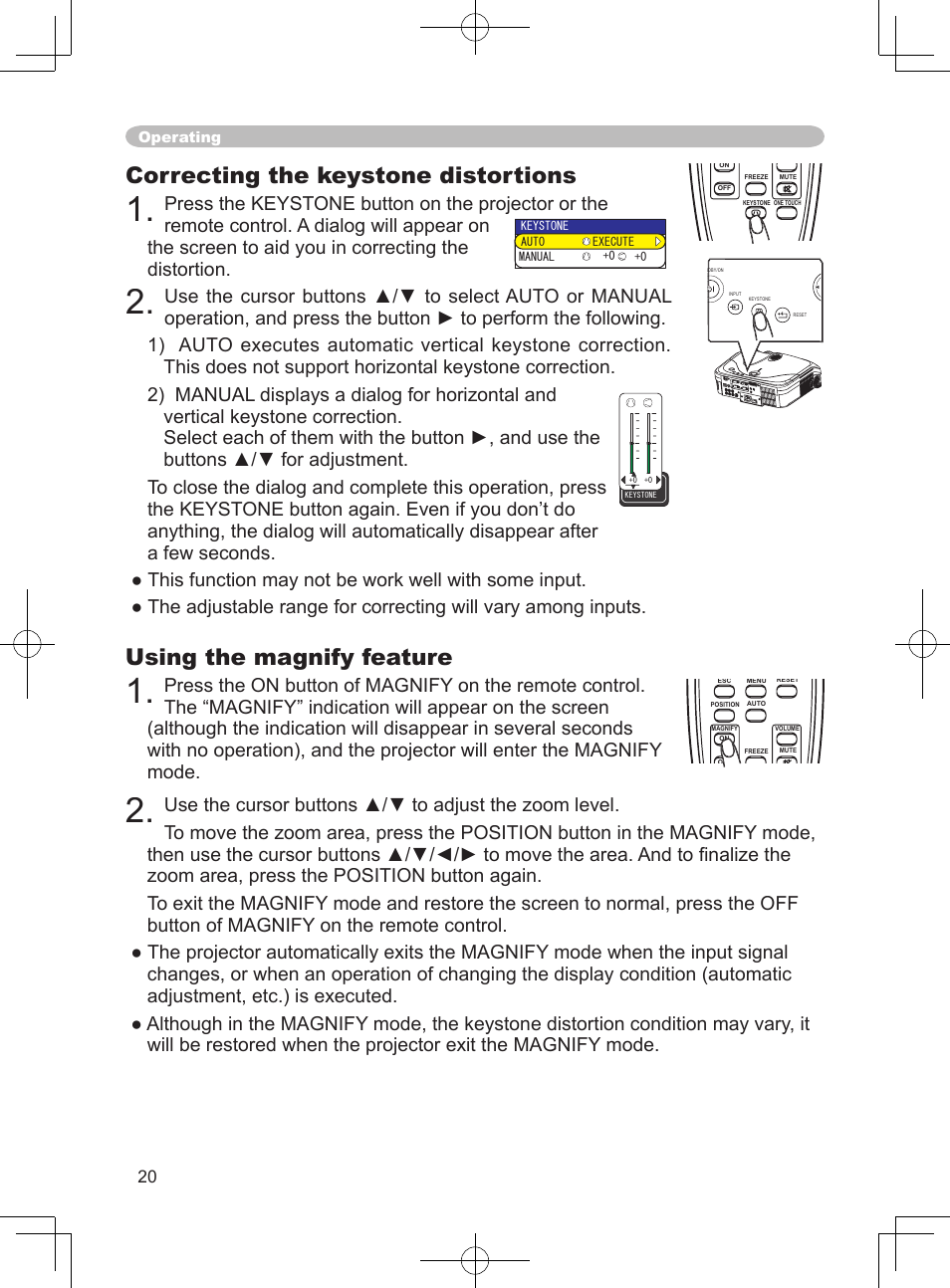 Using the magnify feature, Correcting the keystone distortions | 3M X75 User Manual | Page 20 / 57