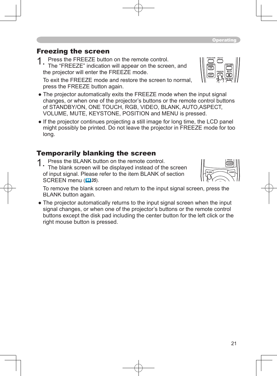 Freezing the screen, Temporarily blanking the screen, Operating | 3M X75 User Manual | Page 21 / 57