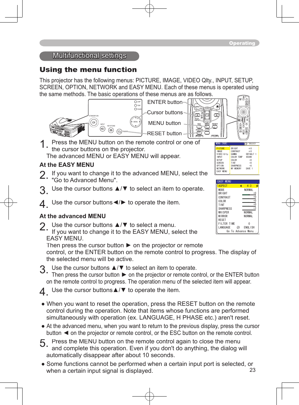 Multifunctional settings using the menu function, Operating | 3M X75 User Manual | Page 23 / 57