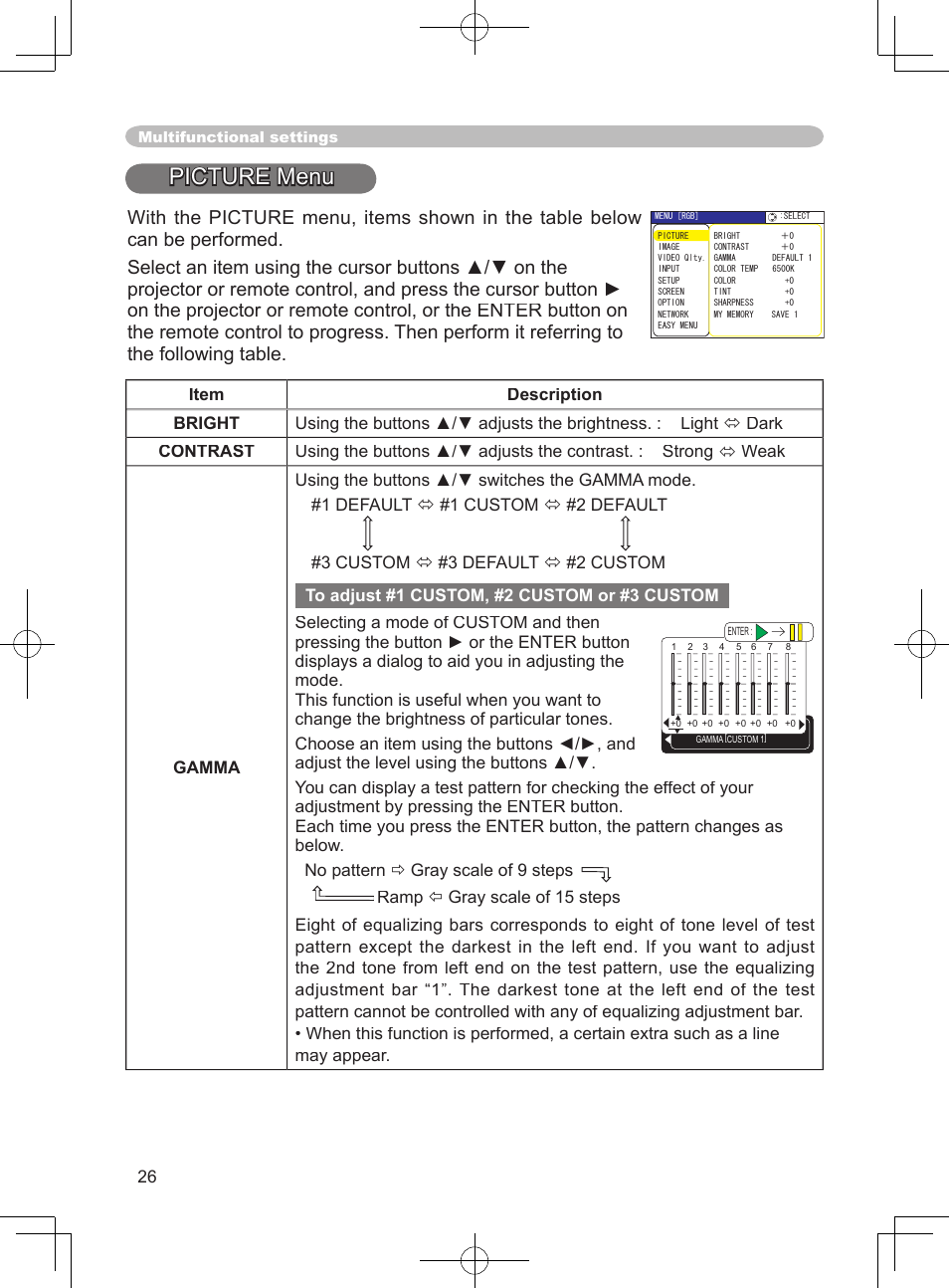 Picture menu, Ramp | 3M X75 User Manual | Page 26 / 57