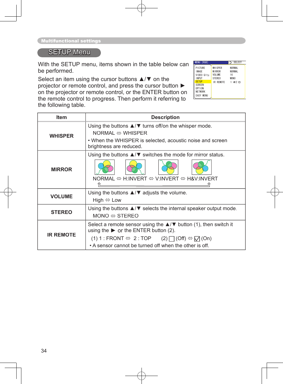 Setup menu | 3M X75 User Manual | Page 34 / 57