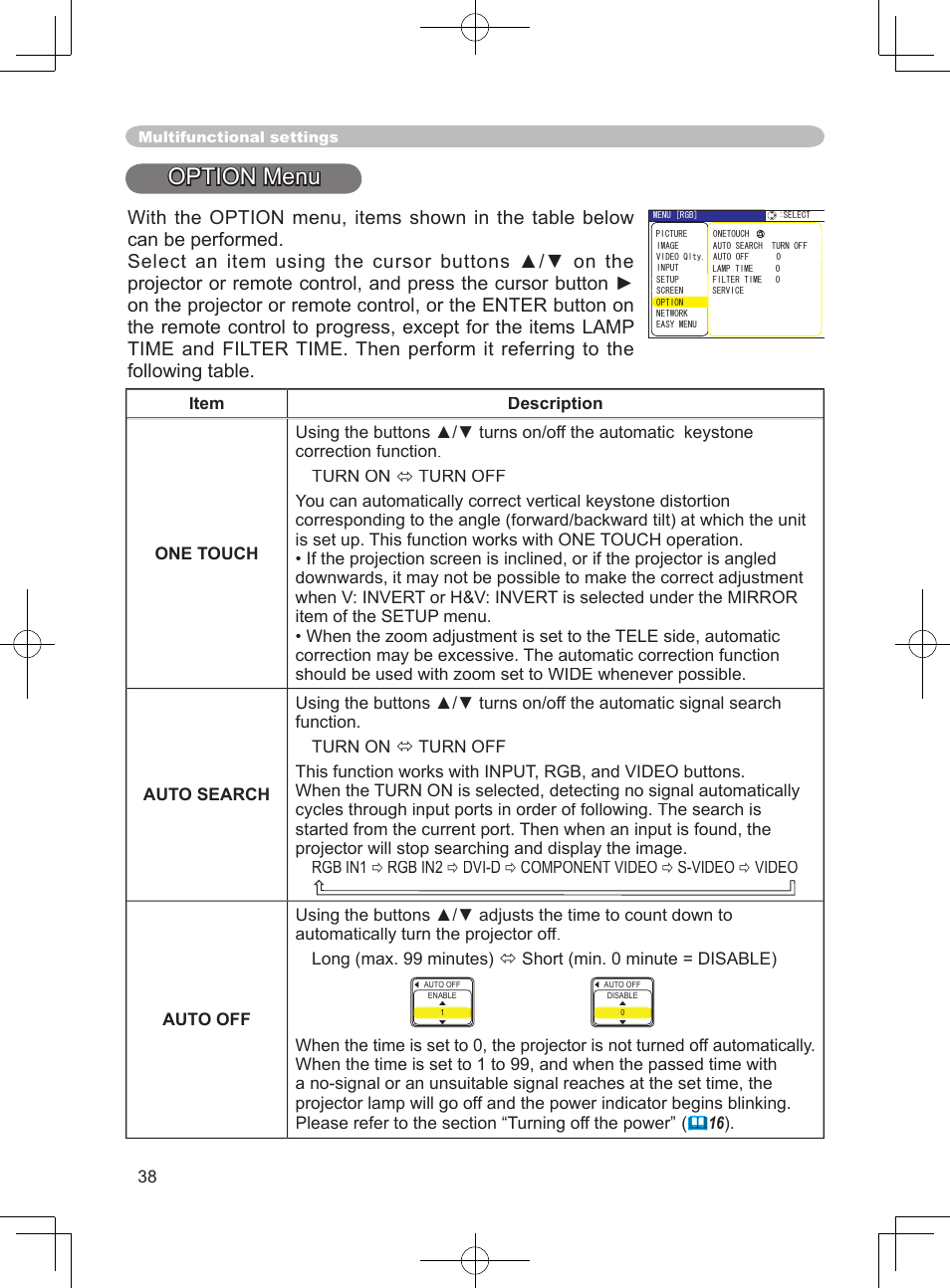 Option menu | 3M X75 User Manual | Page 38 / 57