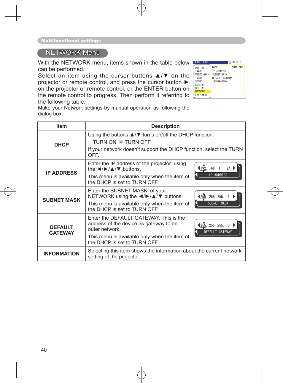 Network menu | 3M X75 User Manual | Page 40 / 57