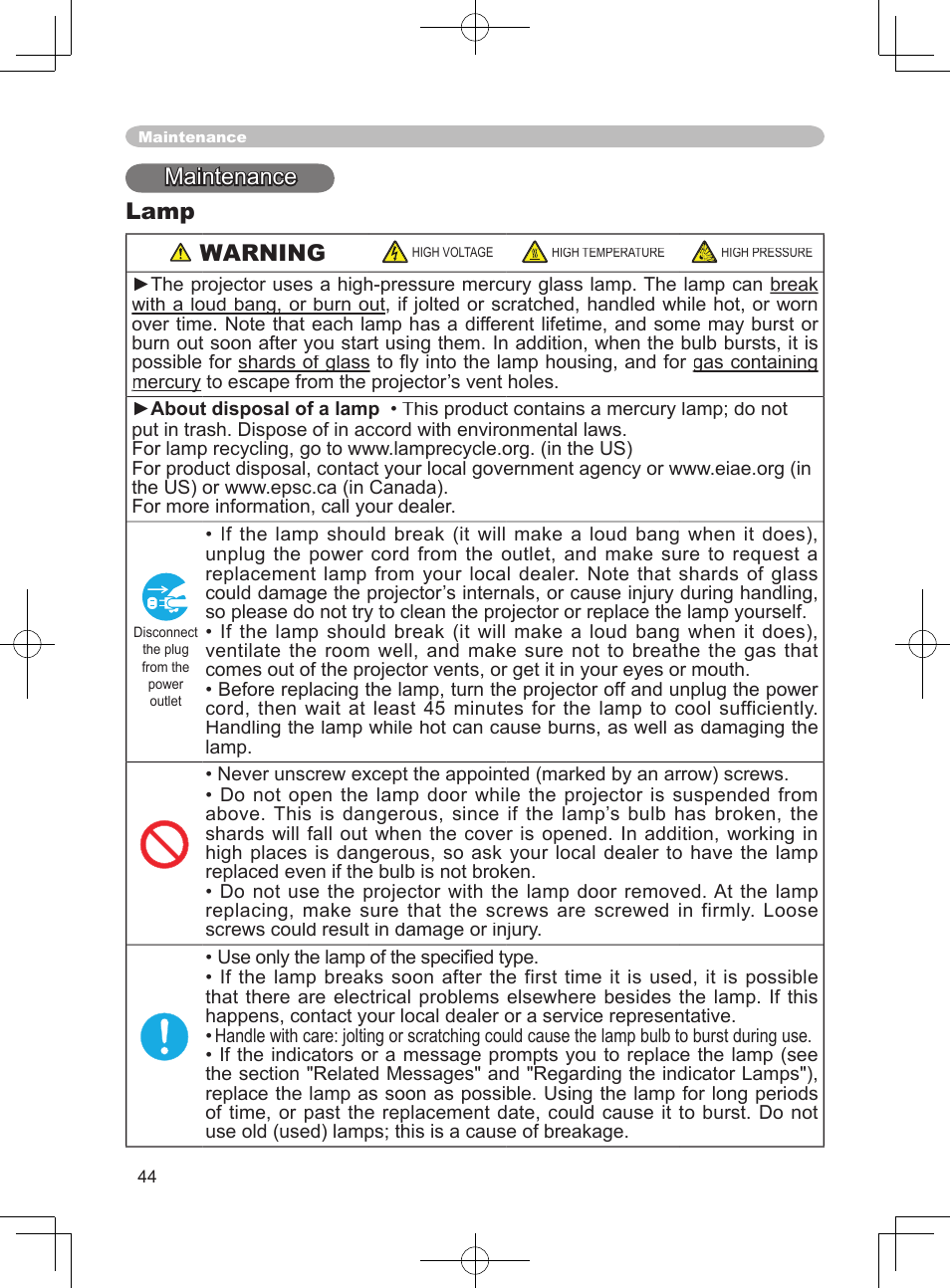 Maintenance lamp warning | 3M X75 User Manual | Page 44 / 57