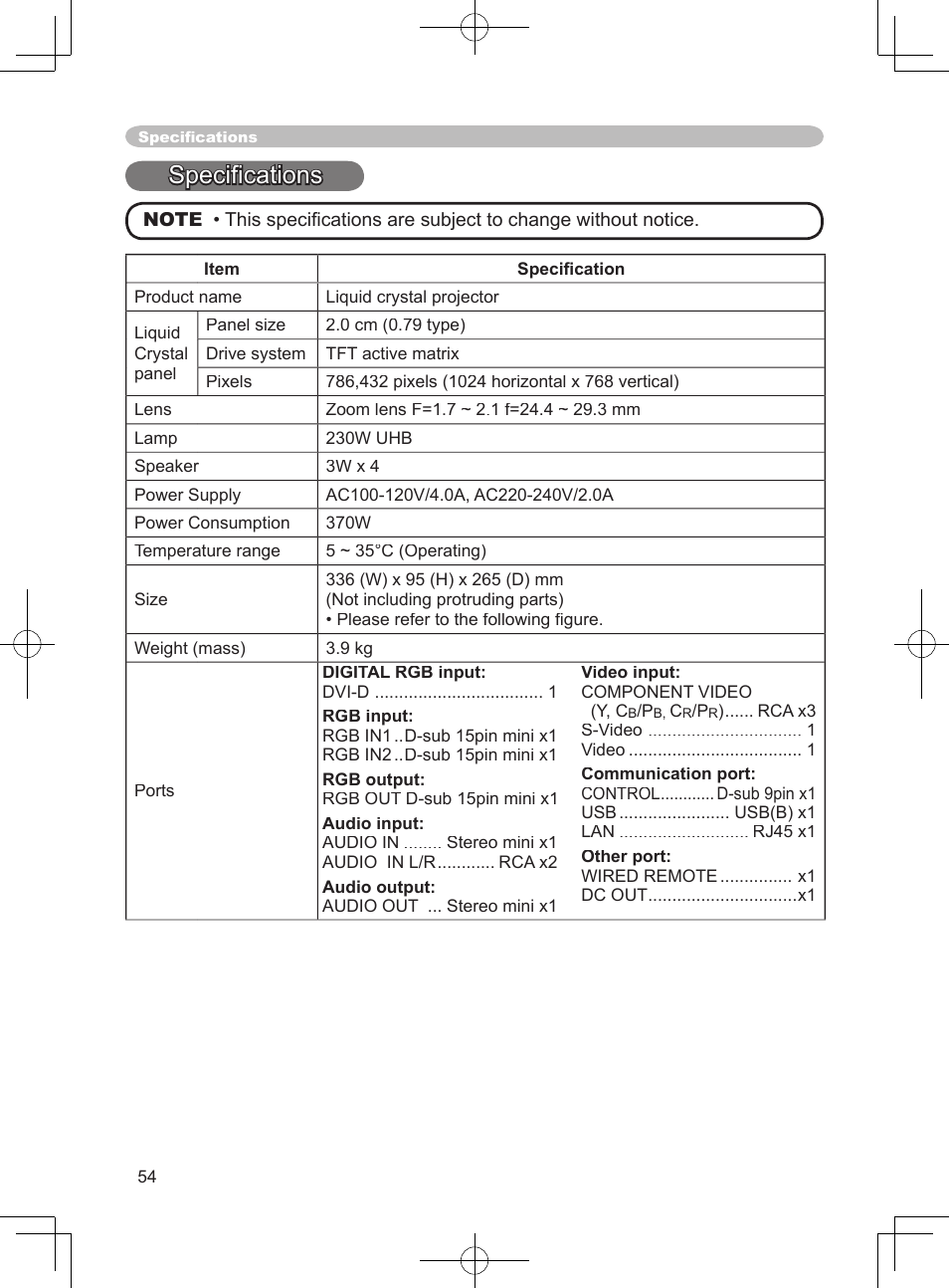 Speciﬁ cations | 3M X75 User Manual | Page 54 / 57