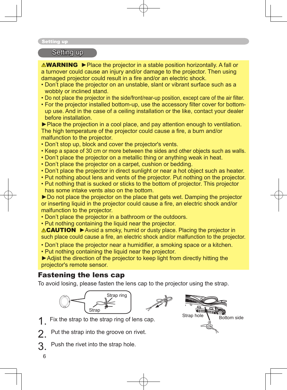 Setting up, Fastening the lens cap | 3M X75 User Manual | Page 6 / 57