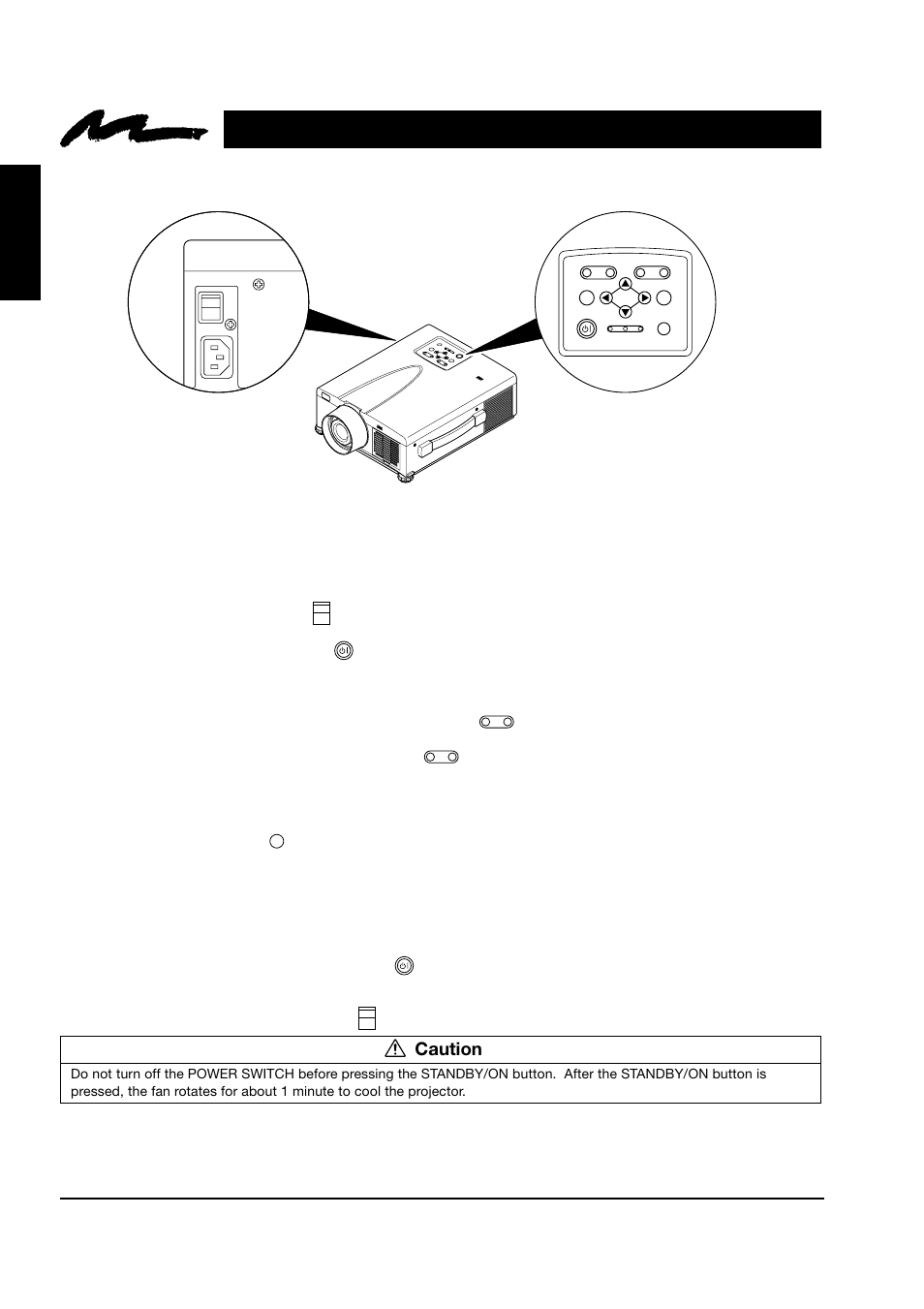 1 projector startup, 2 projector shutdown, English | Caution | 3M MP8745 User Manual | Page 13 / 39