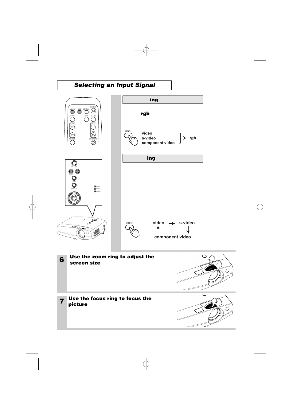 Selecting an input signal, Use the zoom ring to adjust the screen size, Use the focus ring to focus the picture | Selecting a rgb signal selecting a video signal, Control panel, Video s-video component video | 3M S40C User Manual | Page 16 / 40