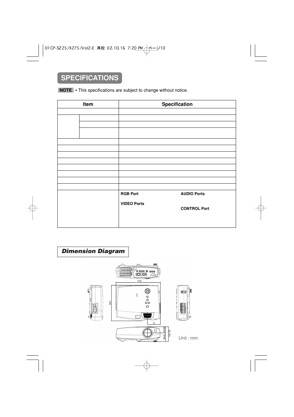 Specifications, Dimension diagram, Item specification | 3M S40C User Manual | Page 38 / 40