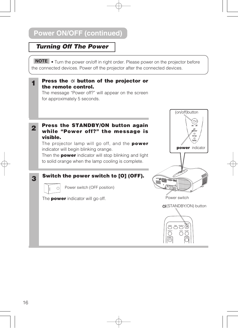 Power on/off (continued), Turning off the power, Switch the power switch to [o] (off) | 3M S10 User Manual | Page 16 / 45