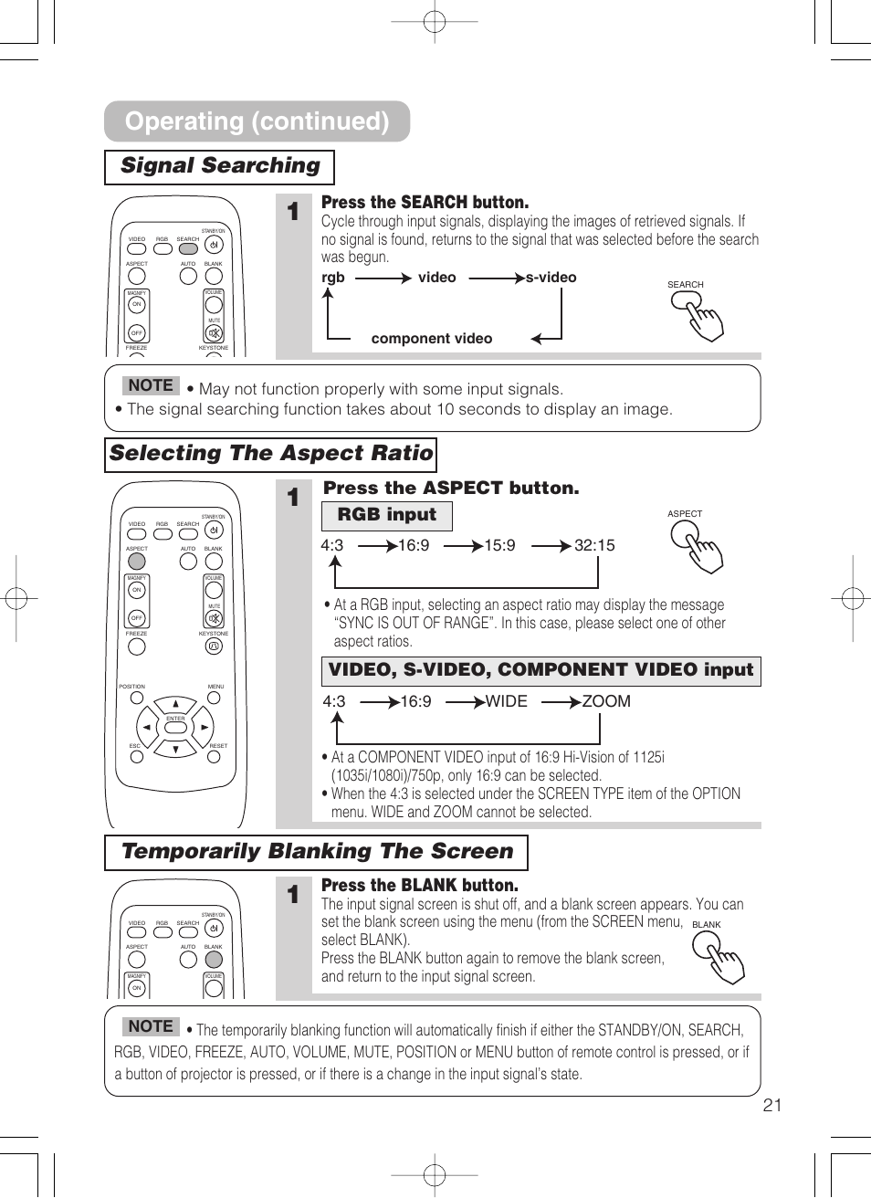 Operating (continued), Signal searching selecting the aspect ratio, Temporarily blanking the screen | Press the search button, Press the blank button, Rgb video s-video component video | 3M S10 User Manual | Page 21 / 45