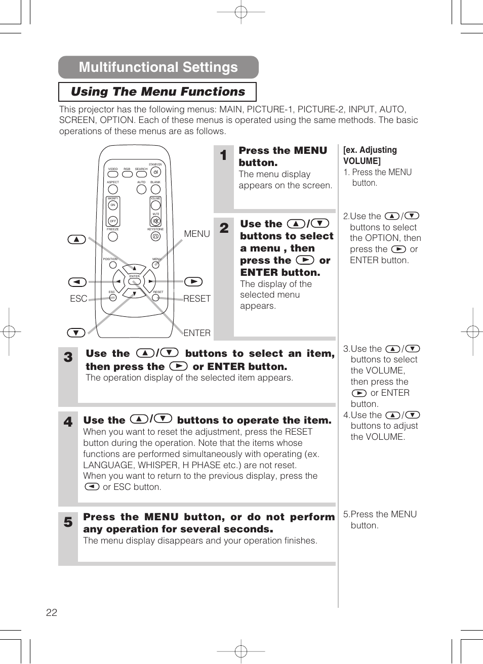 Multifunctional settings, Using the menu functions, Press the menu button | Use the / buttons to operate the item | 3M S10 User Manual | Page 22 / 45