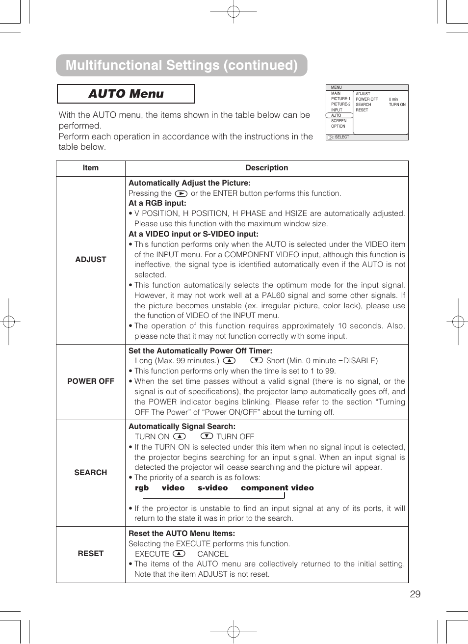 Multifunctional settings (continued), Auto menu | 3M S10 User Manual | Page 29 / 45